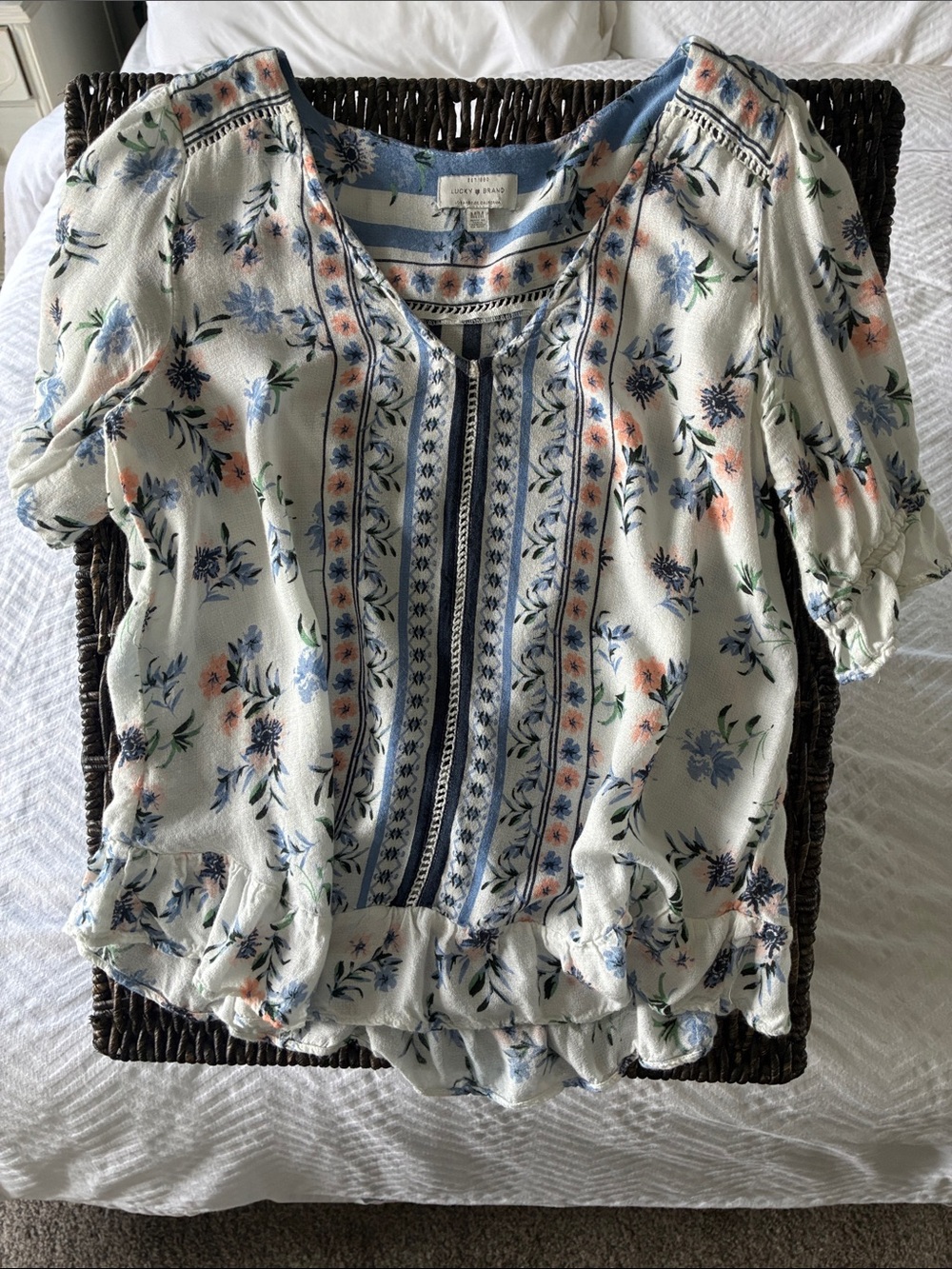 Lucky Brand Cream Floral Peasant Blouse with Blue & Peach Accents